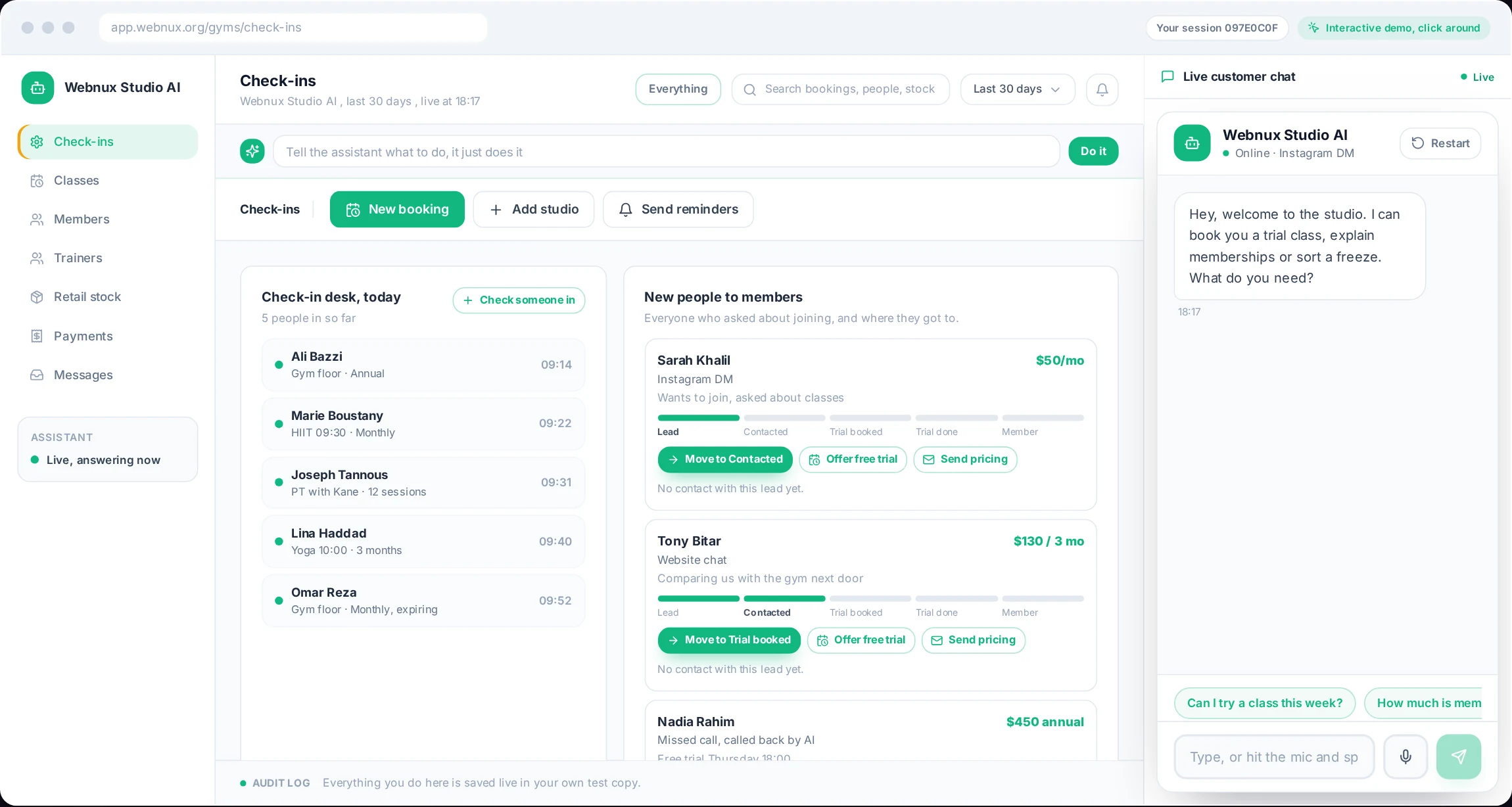 A live Webnux system — members, classes and payments in one dashboard