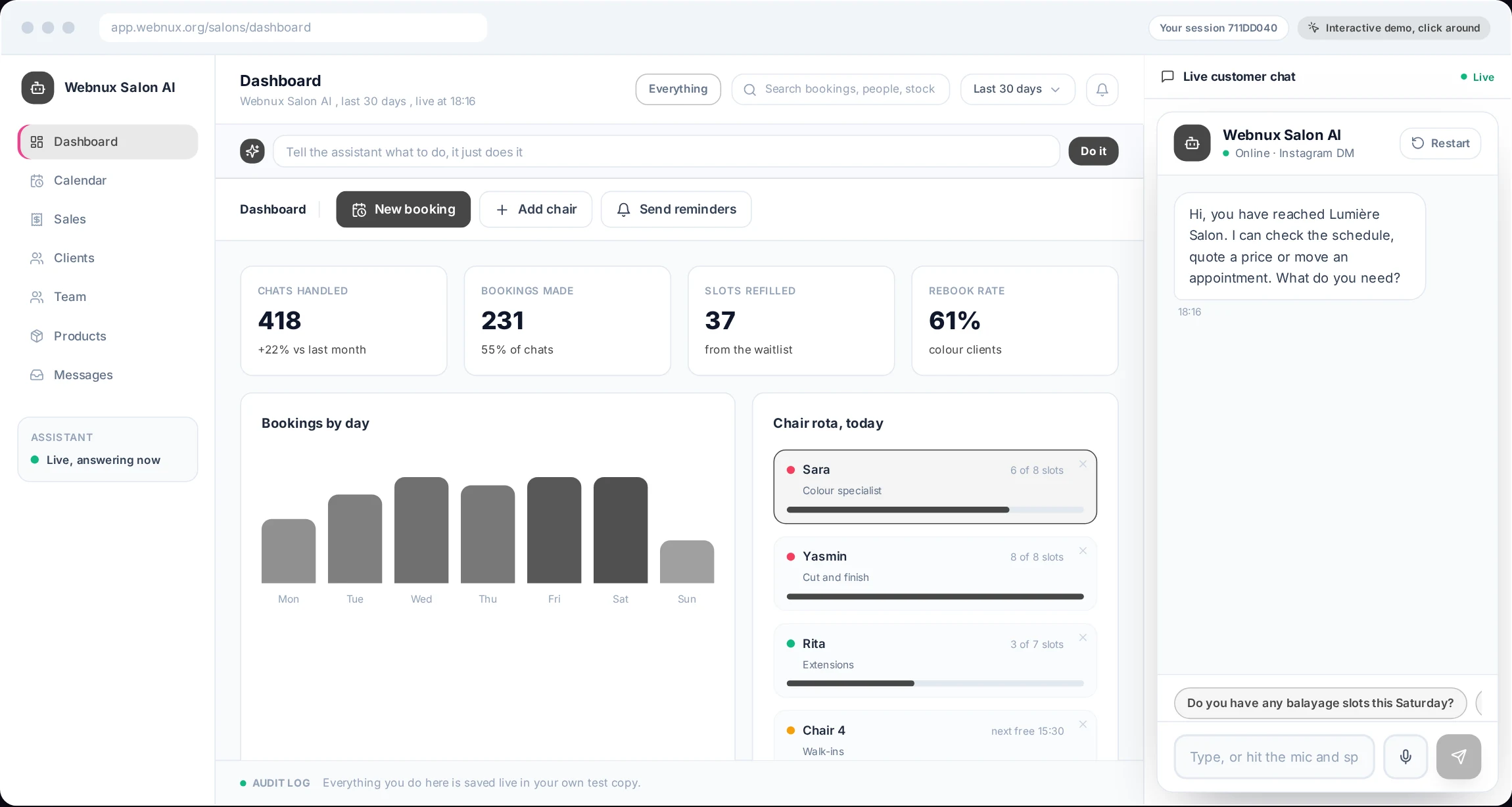 A Webnux business system dashboard — bookings, clients and revenue in one place